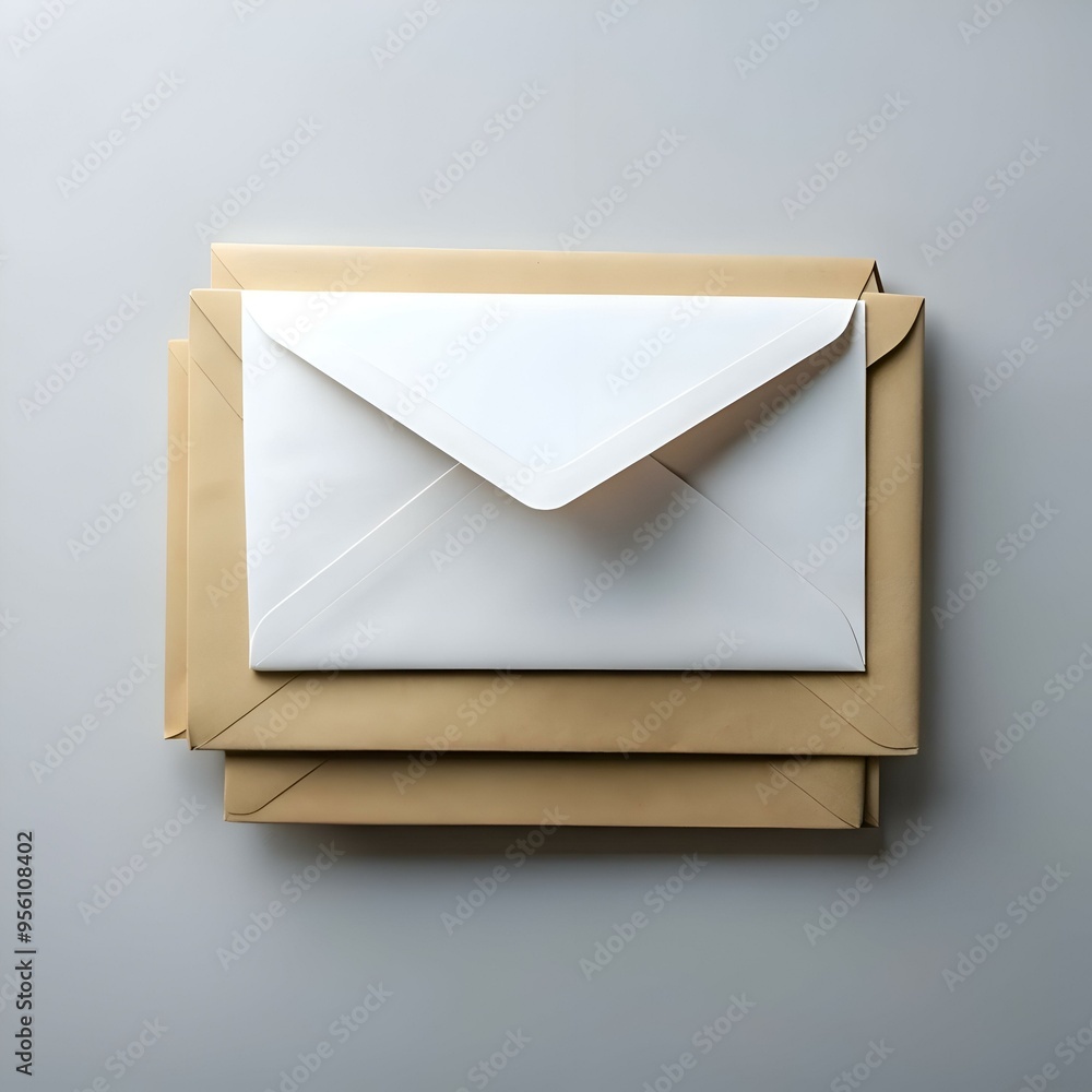 Poster a simple. clean image of a white envelope layered on top of two brown envelopes.