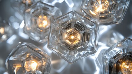 A collection of glass hexagons with glowing cores, arranged in a radial pattern, emitting light in all directions