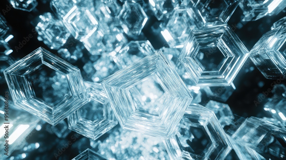 Poster a futuristic design with overlapping glass hexagons, each glowing softly from within, creating a com