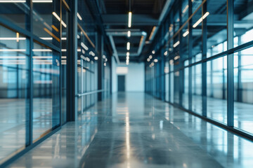 Obraz premium An empty modern office interior with glass windows and white lights, providing a background for design presentation, banner, or copy space on a light background.