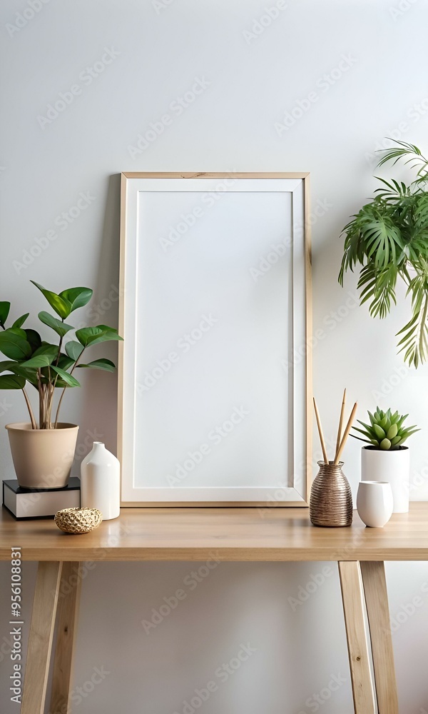 Poster a sleek white frame sits on a wooden table. creating a minimalist and stylish backdrop for your desi