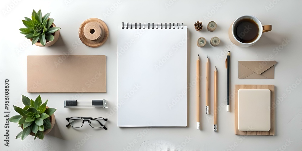 Poster a flat lay image of a clean and minimalist workspace with a notepad. pencils. a cup of coffee. and s