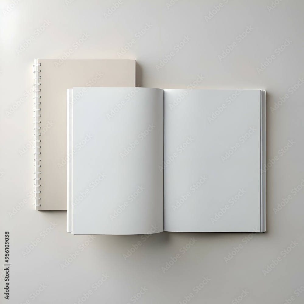 Poster a simple yet elegant mockup featuring a closed spiral notebook and an open blank book. both on a pla