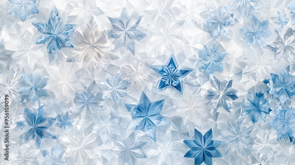 Poster delicate snowflakes in various shapes and shades of blue create a serene winter ambiance against a l