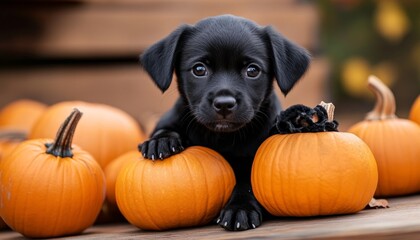 Adorable Puppy in Black Halloween Costume with Pumpkin: Festive Pet Portrait for Holiday Marketing, NFT Art, and Apparel Design. Cute Animal Celebration Embracing Cultural Diversity and Freedom in Hig