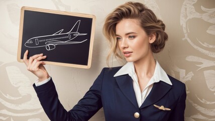 Poised stewardess holding a small chalkboard with a hand-drawn airplane, wearing a professional uniform and exuding elegance and confidence, highlighting the aviation and travel industry