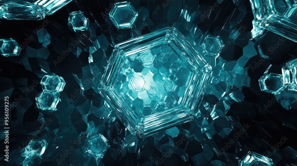 Poster an abstract scene with glass hexagons of varying sizes, each glowing internally, floating in a deep,