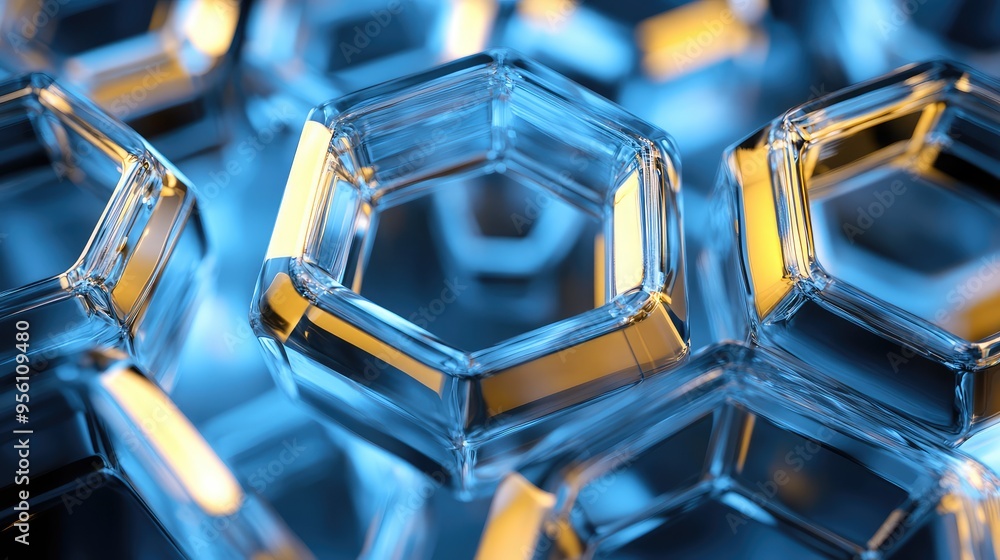 Poster interconnected glass hexagons with soft internal glows, forming an abstract, continuous geometric lo
