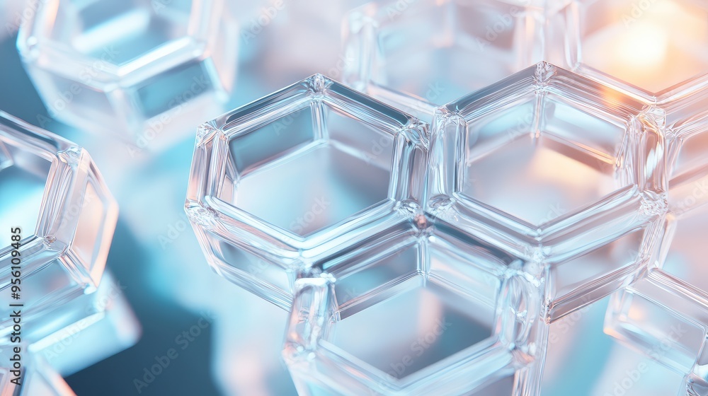 Poster interconnected glass hexagons with soft internal glows, forming an abstract, continuous geometric lo