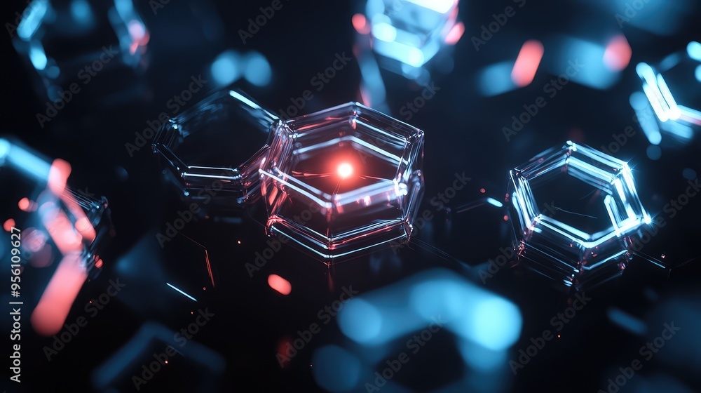 Poster transparent glass hexagons with glowing centers, connected in a fluid, abstract loop against a dark 