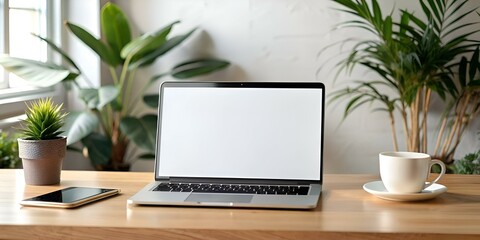 A clean and minimalist desk scene featuring a laptop with a blank white screen. a smartphone. a potted plant. and a coffee cup.