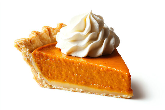 A slice of delicious pumpkin pie topped with whipped cream, isolated on a white background, perfect for autumn or Thanksgiving themes.