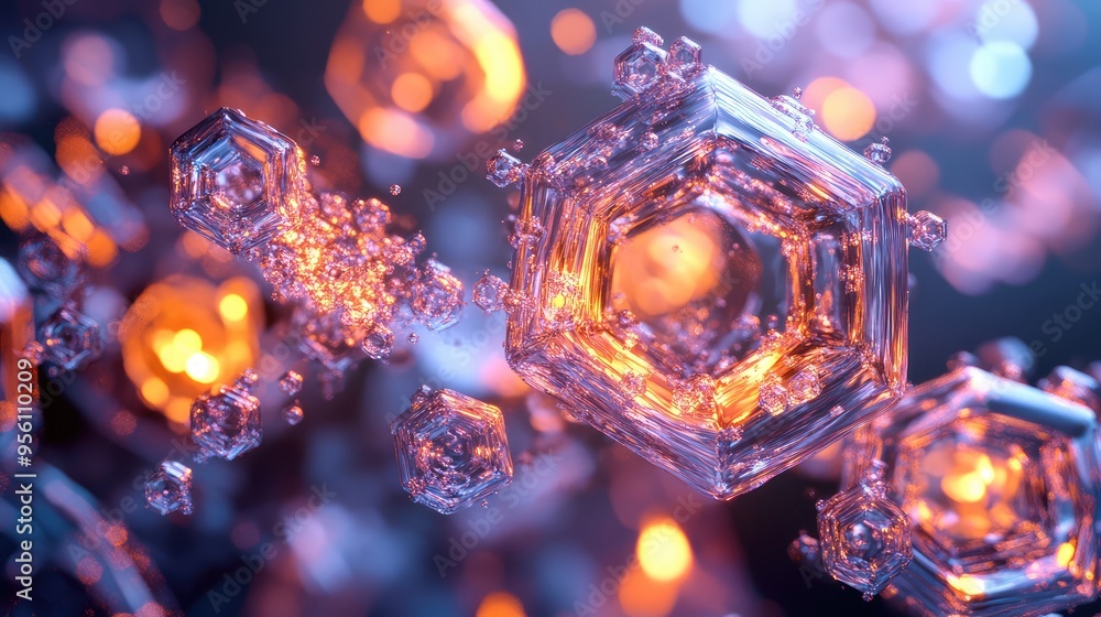 Poster a 3d render of rotating glass octagons with luminous cores, forming a dynamic abstract flow of light
