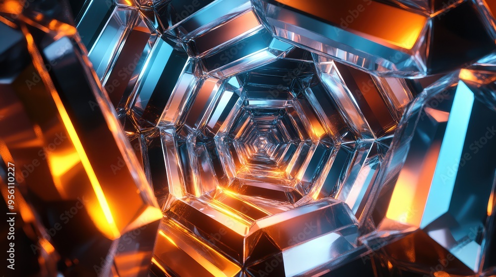 Poster a 3d render of rotating glass octagons with luminous cores, forming a dynamic abstract flow of light