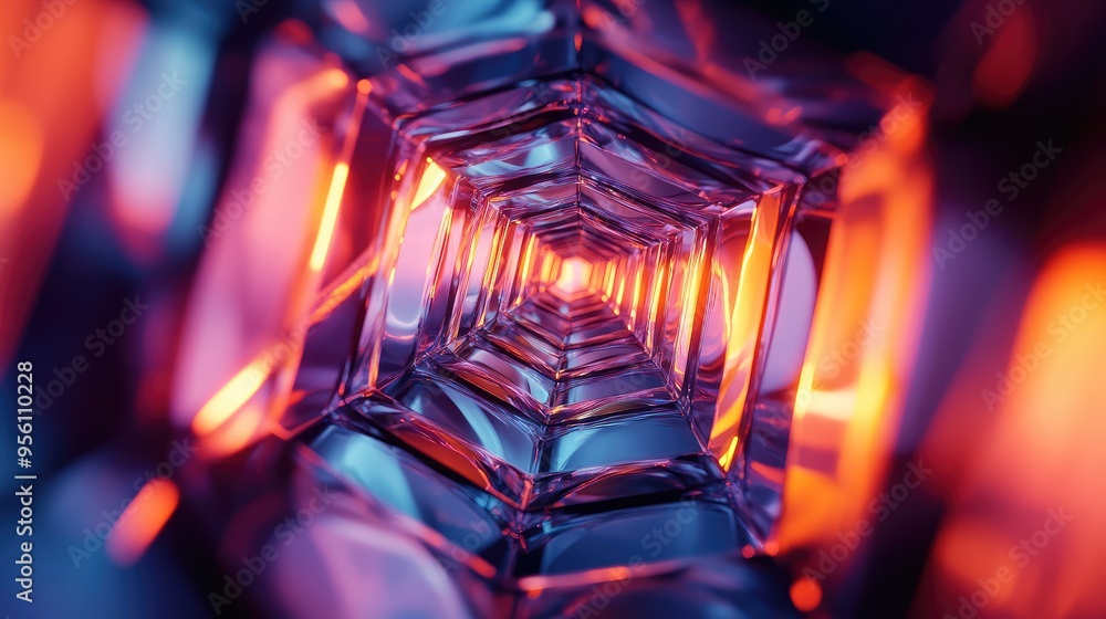 Poster a 3d render of rotating glass octagons with luminous cores, forming a dynamic abstract flow of light