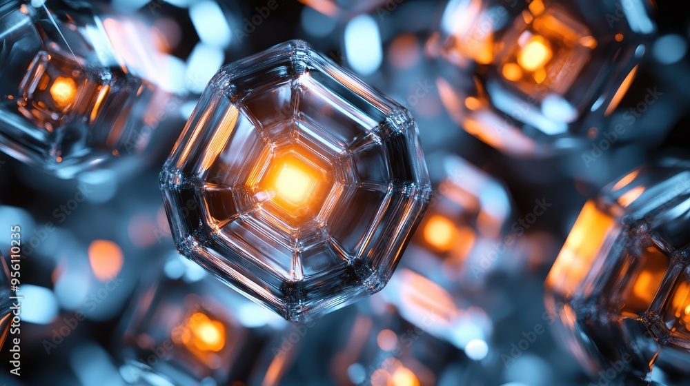 Poster a cluster of transparent glass octagons with glowing cores, arranged symmetrically in a dynamic, abs