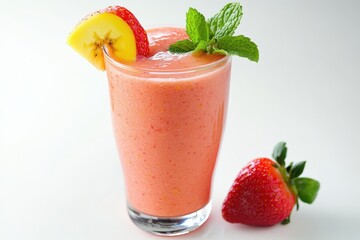 A refreshing fruit smoothie garnished with mint and fruits, perfect for a healthy drink.