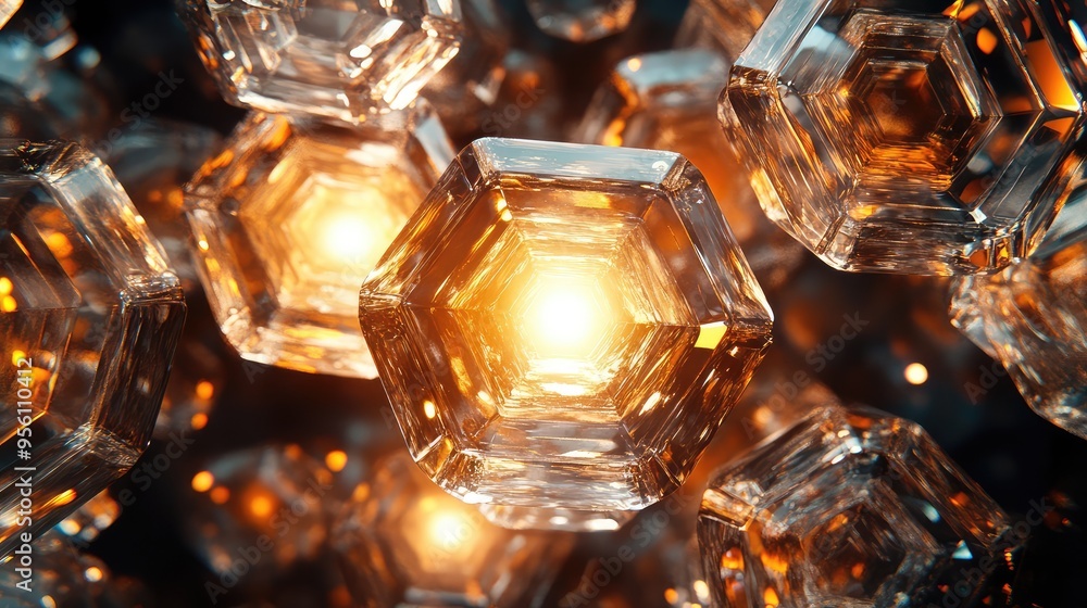 Poster a cluster of transparent glass octagons with glowing cores, arranged symmetrically in a dynamic, abs