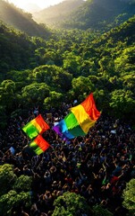 Aerial view of a vibrant crowd celebrating with rainbow flags amidst lush greenery, symbolizing unity and diversity.