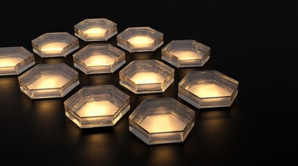 A collection of glowing glass octagons, arranged in a radial pattern, casting light in a dark, minimalist space