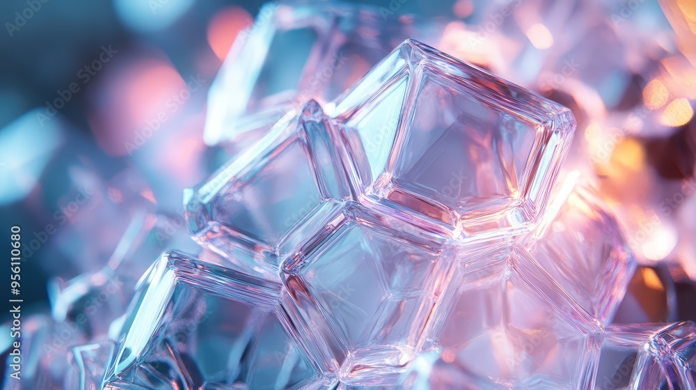 Poster a futuristic design with overlapping glass octagons, each glowing softly from within, creating a com