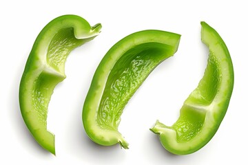 Set slice fresh green paprika isolated on white, top view.
