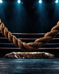 Fototapeta premium Close-up of a boxing ring with ropes and spotlight, highlighting the intense atmosphere of a match.