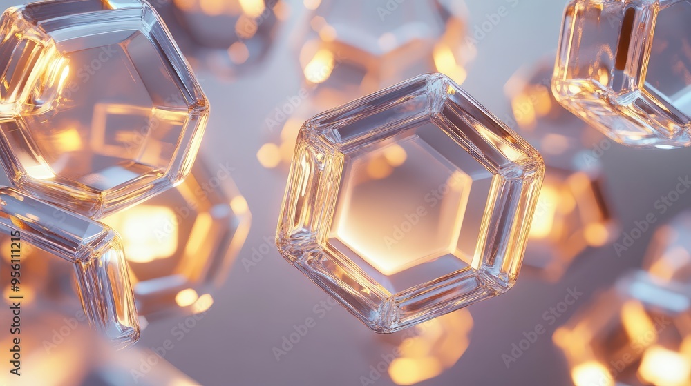Poster an abstract composition of floating glass octagons with internal glows, creating a serene, futuristi