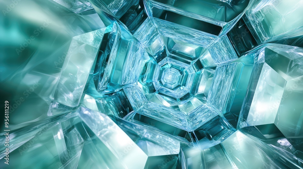 Poster an abstract composition of floating glass octagons with internal glows, creating a serene, futuristi