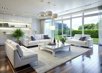 Fototapeta premium A contemporary living room featuring high-gloss white furniture, sleek lines, and modern accents creates a bright and