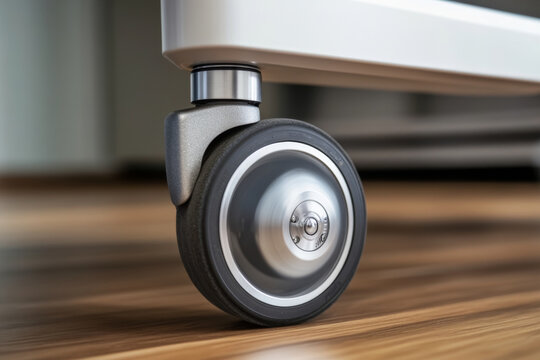 A close-up of a modern office chair caster wheel