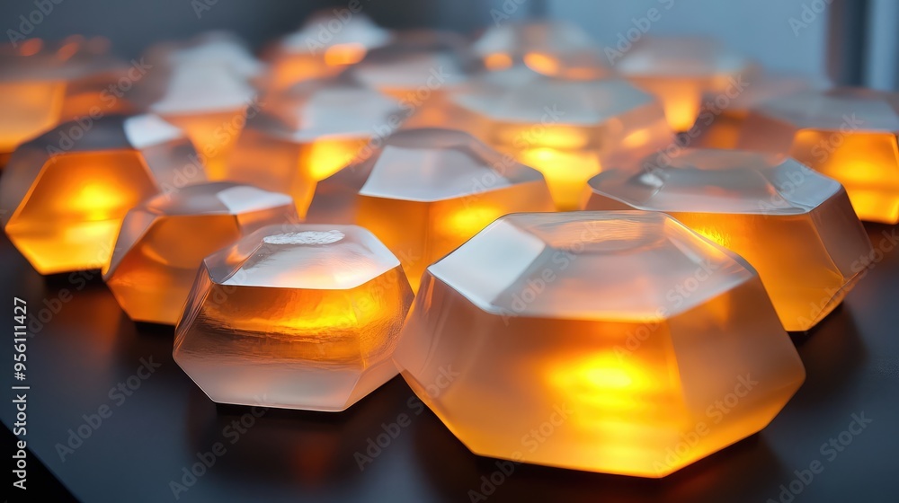 Poster floating glass octagons in a layered formation, each with a soft internal glow, creating a luminous 