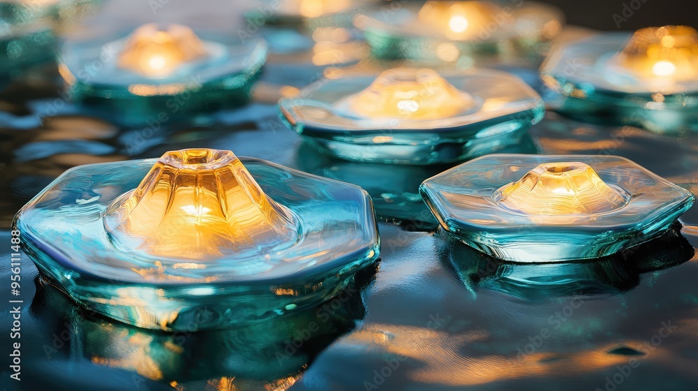 Poster floating glass octagons in a layered formation, each with a soft internal glow, creating a luminous 