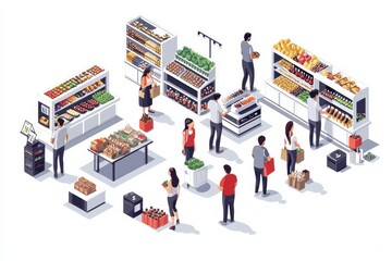 Isometric supermarket interior with customers, products and shopping carts