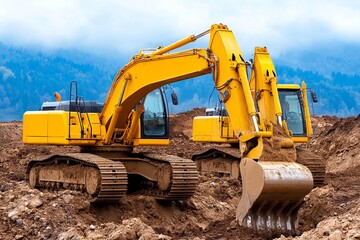 Obraz premium A powerful yellow excavator working on a construction site, digging and moving earth efficiently under a cloudy sky.