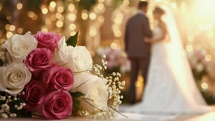 A romantic wedding scene with a bouquet of roses in focus and a couple in the background.