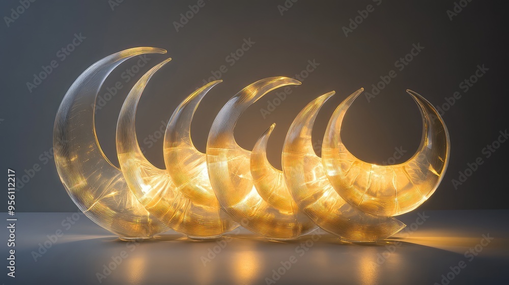 Poster a cluster of transparent glass crescents with soft internal glows, arranged symmetrically in an abst