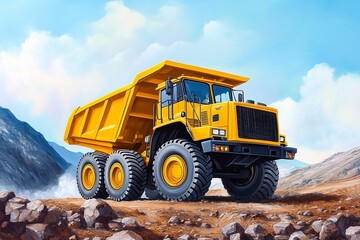 Obraz premium A vibrant yellow dump truck parked on rocky terrain against a scenic mountain backdrop, showcasing its robust design and capabilities.