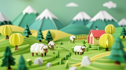 Fototapeta premium 3D paper-cut style illustration of a green landscape with sheep, a small house, trees, and mountains in the background.