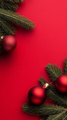 Obraz premium Festive red background with Christmas ornaments and evergreen branches, perfect for holiday designs and seasonal decorations.
