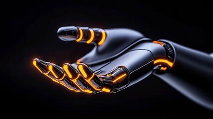 Futuristic robotic hand, featuring sleek design and glowing elements, showcasing technology and innovation in artificial intelligence.