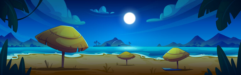 Night beach on island with moon in sky background. Moonlight panorama for ocean evening scene. Caribbean lagoon horizon and coastline paradise scenery for banner. Summer tropical shore landscape