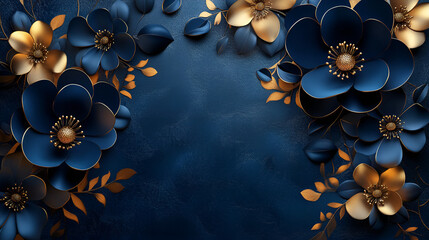Deep blue and gold floral background with intricate design elements, ideal for sophisticated branding, luxurious invitations, and upscale home decor projects.
