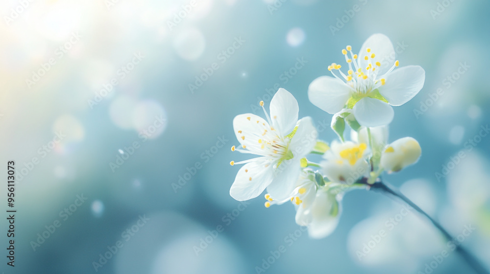 Poster delicate white blossoms with soft bokeh background during springtime in a tranquil garden setting