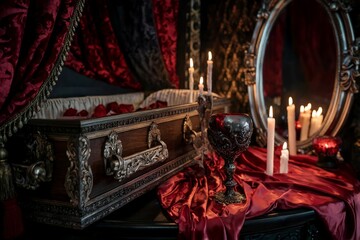 Gothic setting with an ornate coffin, candlelight, and luxurious red drapery.