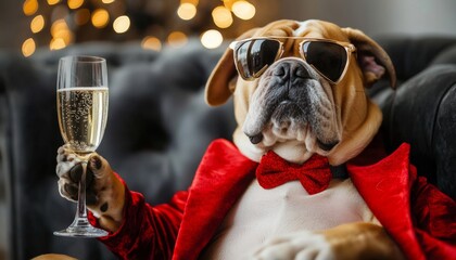 Festive French Bulldog in Champagne Glass: Whimsical Holiday Marketing Concept. Adorable Canine Celebration for New Year's Eve 2025-2026. Versatile Illustration for NFT Art, Apparel Design, and Season