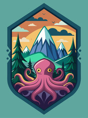 Pink Octopus in Front of a Mountain Landscape