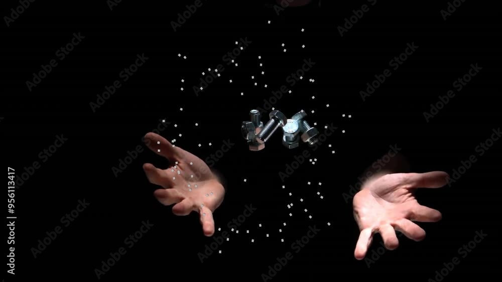 Poster hands holding nuts and bolts, surrounded by floating particles animation