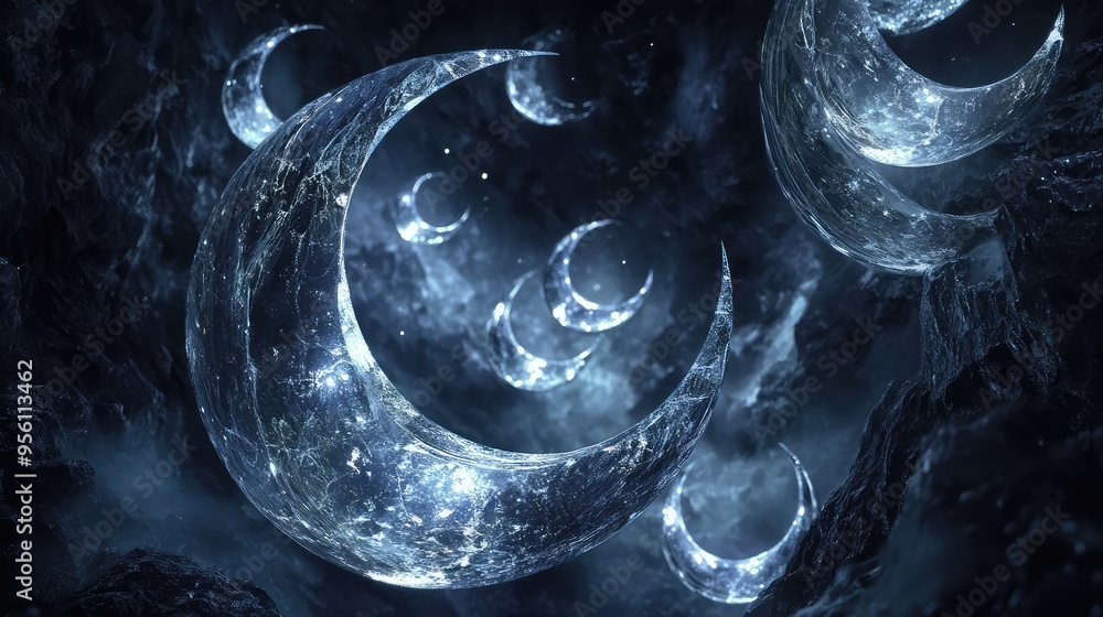 Poster an abstract scene with glass crescents of varying sizes, each glowing internally, floating in a deep