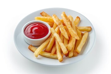 Plate of tasty french fries and ketchup on white background